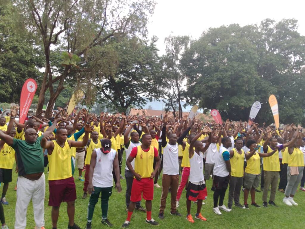 Runners in aerobics during Empango run in Hoima City on Thursday. Photo by Peace Lawrence Ayesigwa.