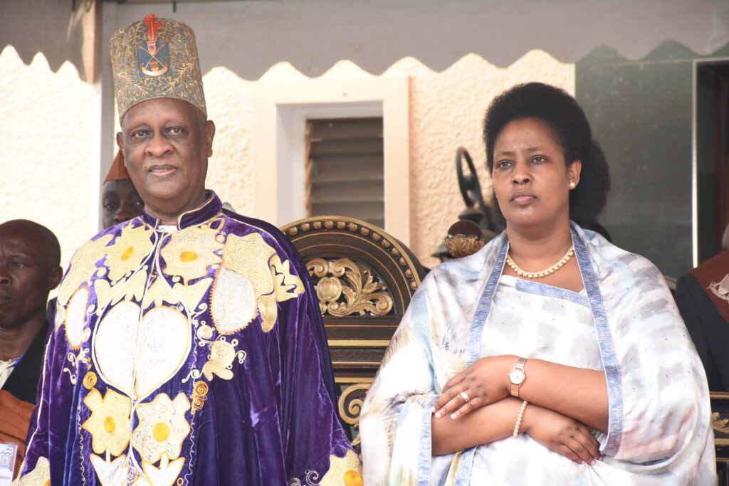 The Omukama of Bunyoro Solomon Gafabusa Iguru flanked by Queen Margaret Karunga Adyeeri coronation anniversary at Karuziika palace in Hoima City in 2017.