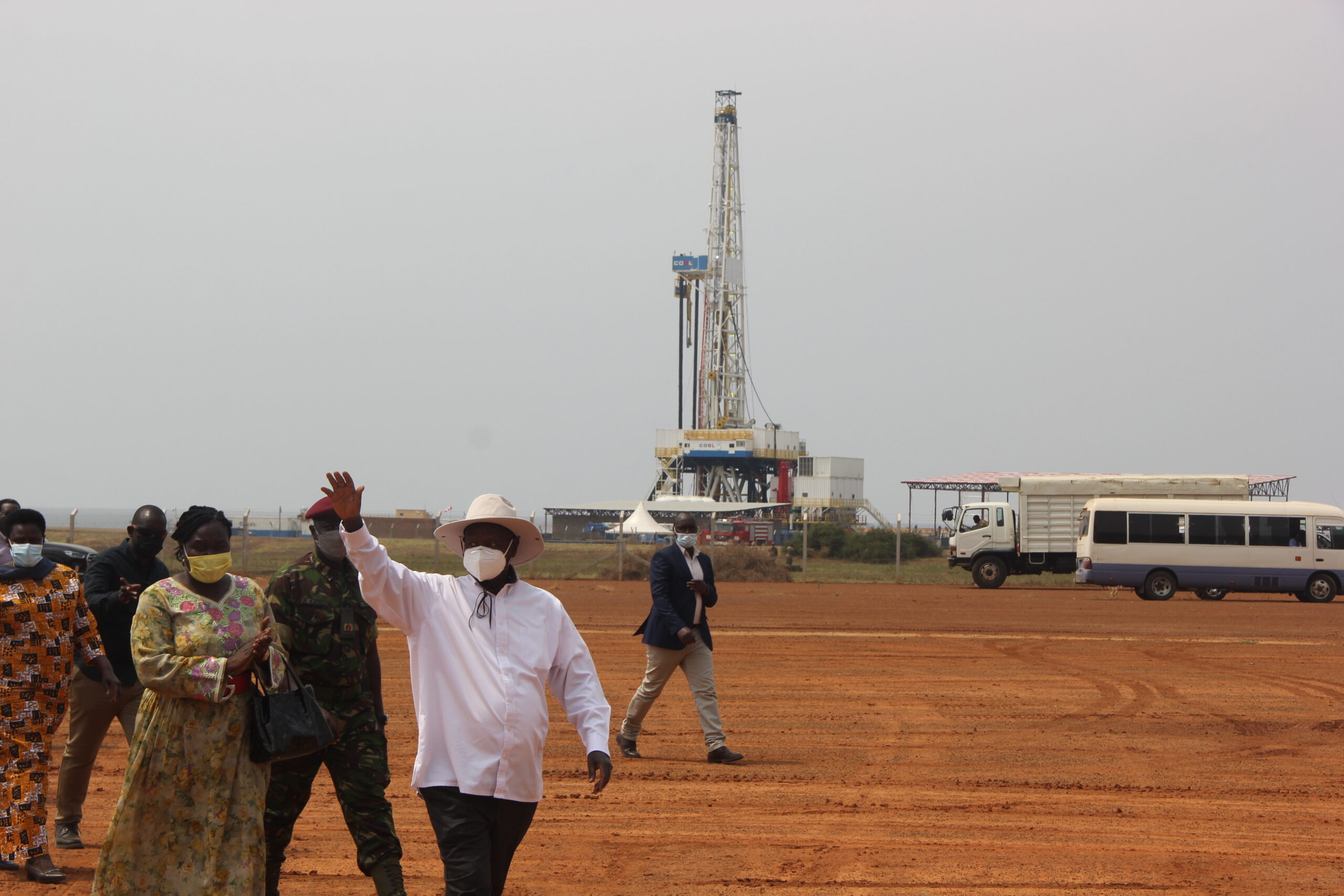 President Yoweri Museveni waves to guests during the launch of oil drilling at Kingfisher in Kikuube district in Western Uganda on January 24, 2023. Credit: Robert Atuhairwe/The Albertine Journal.