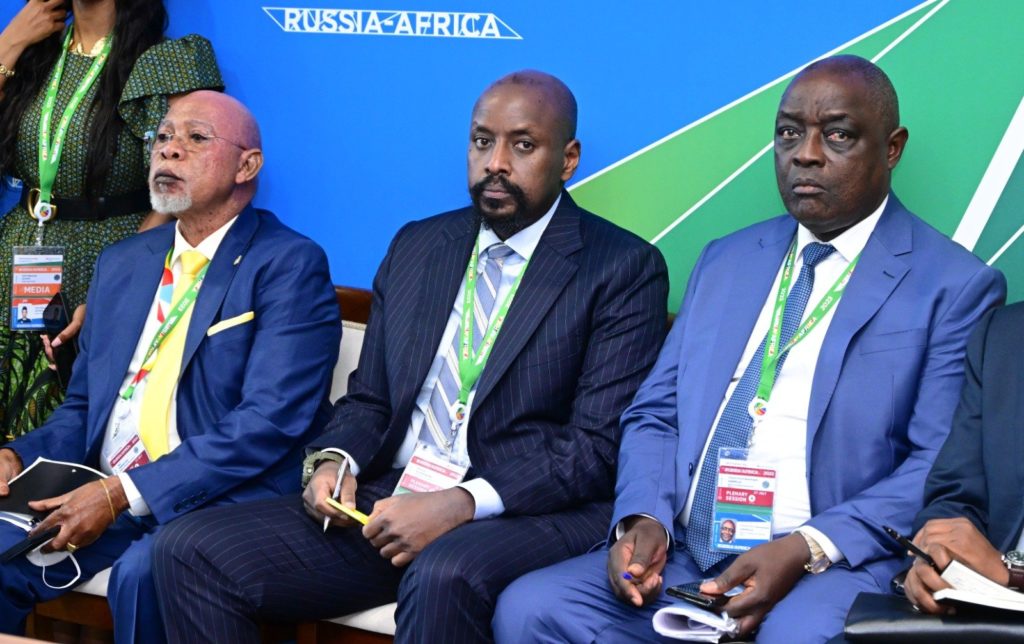 Gen. Muhoozi Kainerugaba (middle) with Ugandan Ministers attending the second Russia-Africa Summit in St Petersburg’s Expo Forum from July 27-28. Courtesy Photo.