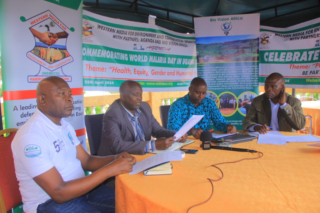 L-R:Josep Mugabi, Geoffrey Kamese, Peter Araali Akugizibwe and Edward Nyakahuma during a press conference at Glory Summit Hotel in Hoima City. Credit: Robert Atuhairwe/The Albertine Journal.