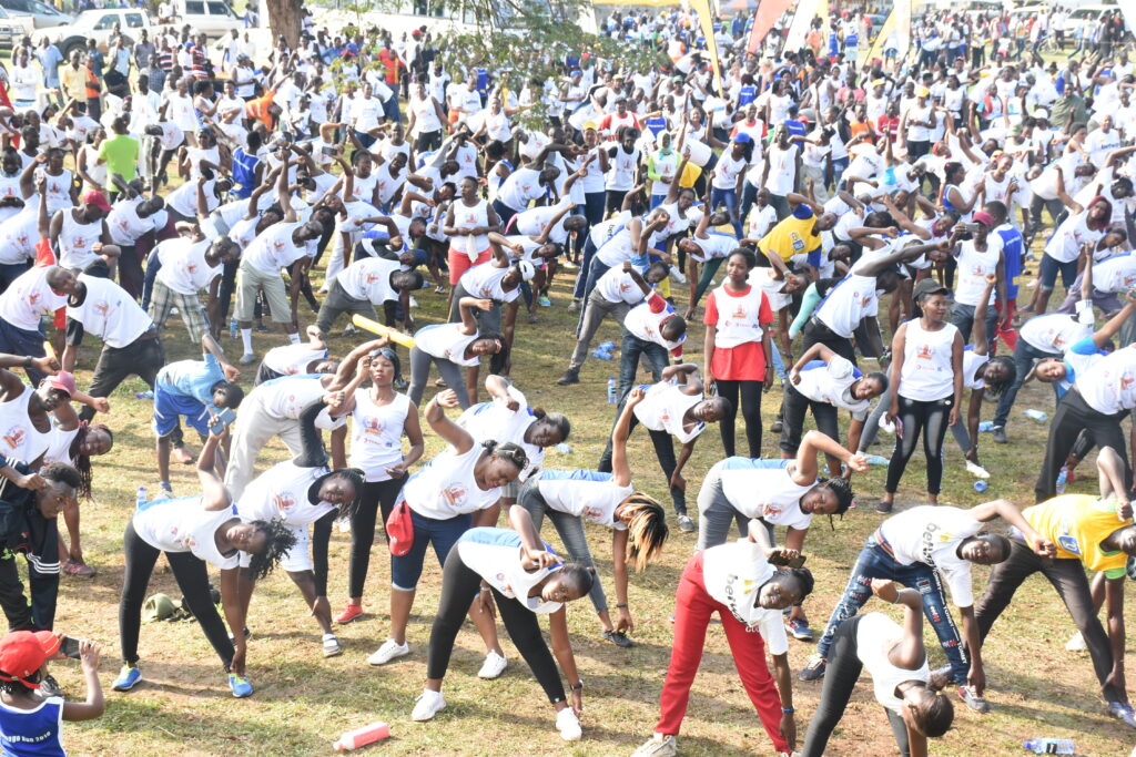 Bunyoro subjects in aerobic after participating in pre-empango marathon at the Rukurato courtyard in Hoima town on Saturday. Photo by Robert Atuhairwe.